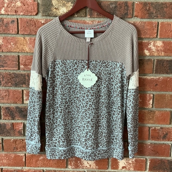 Knox Rose Tops - Knox Rose Light Brown Lace & Leopard Print Long Sleeve Top